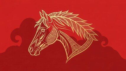 Intricate Golden Horse Head Illustration on Red Background.