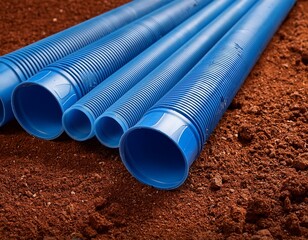 blue plastic pipe lying on reddish soil surface with visible texture and detail