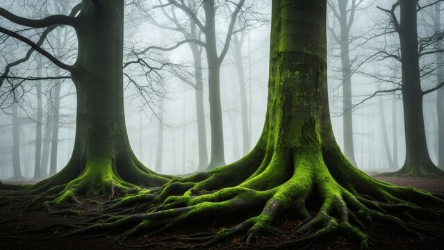 Mystical Forest Ancient trees with exposed roots in foggy with ethereal landscape.