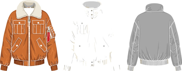 Three jacket styles technical illustration featuring bomber and parka designs with shearling collar, flap pockets, zipper closures, fashion template. © Arzina