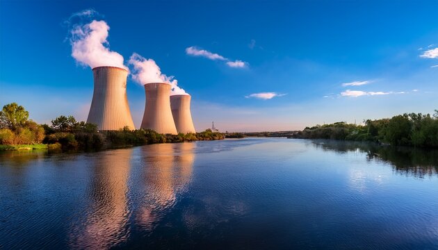 smoke spirals from cooling towers beside a tranquil river evoking earth day reflections and energy awareness week themes
