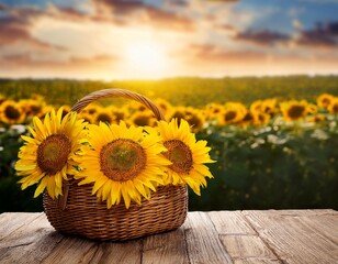sunflowers in a wicker basket on a wooden surface with a sunflower field in the background