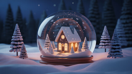 Enchanting snow globe with a cozy illuminated house and snow-covered trees in a winter forest at night