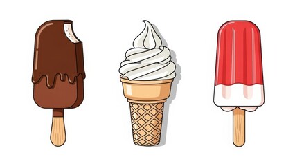 Three Delicious Ice Cream Treats on a White Background.
