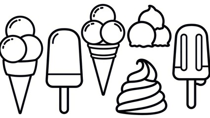 Collection of Delicious Ice Cream Treats in Outline Style.