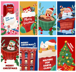 Set of vertical Christmas graphics with Santa Claus, snowman, gingerbread tree, gifts and letter