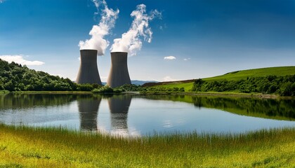 atmospheric plumes rise from twin cooling towers amidst verdant hills capturing earth day reflections and nuclear fusion dreams