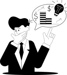 Businessman character thinks about how to invest money for profit in a simple vector illustration