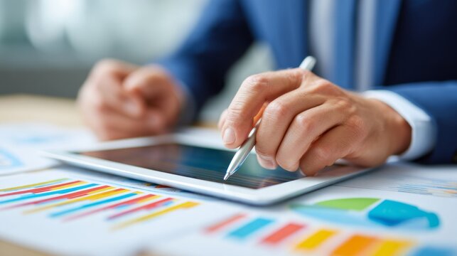 A diligent professional reviews colorful graphs and charts on a tablet screen in a bright office. He engages deep in analysis to enhance his next business report