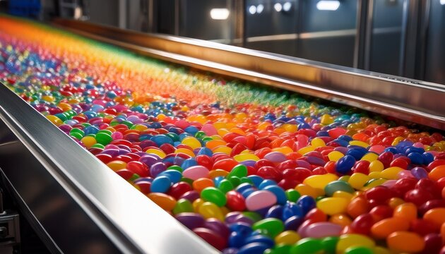 colorful jellybeans meander on metallic conveyor echoing candy filled celebrations like national jelly bean day and quirky sweetest day revelry