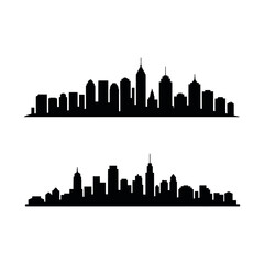 Two distinct city skylines are presented as black silhouettes against a white background.