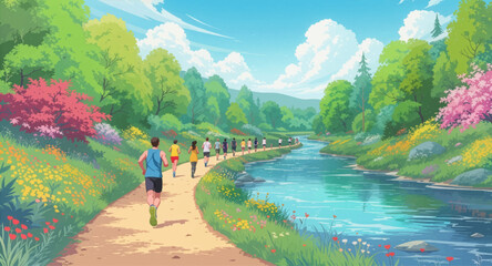 Joggers running along a long scenic riverside trail. Colorful river path filled with active morning runners. Fitness group moving beside bright flowing water