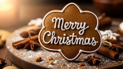 Festive gingerbread cookie with merry christmas message on wooden board