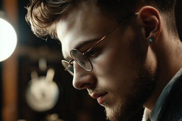 Generative AI portrait of professional skilled male jeweler in workshop with detailed warm lighting