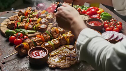 Steak and vegetables sizzling in a pan, capturing the hearty concept of American comfort food, perfect for cooking show backgrounds or restaurant advertisements that showcase culinary skills and.