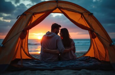 Couple enjoys sunset on beach inside camping tent. Man and woman embrace admire ocean view during romantic vacation. Happy people in love travel together explore outdoors on summer holiday.
