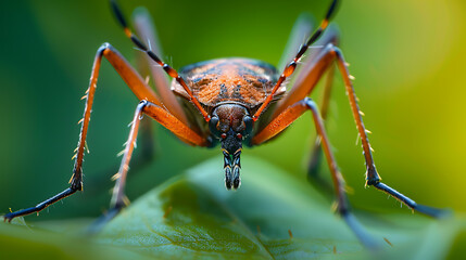 Close-up of a beetle on a green leaf in nature