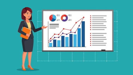 A professional businesswoman presenting a successful corporate strategy with data analytics charts, showing future growth and financial planning