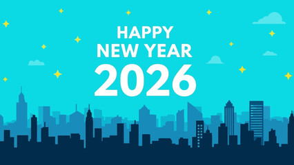 Naklejka premium Modern flat vector graphic of a metropolitan cityscape at night with stars, celebrating the upcoming year of 2026 for a holiday greeting card