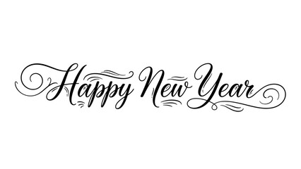 Happy New Year 2026 decorative lettering in a vintage calligraphic style. Isolated black text graphic element for greeting cards and invitations