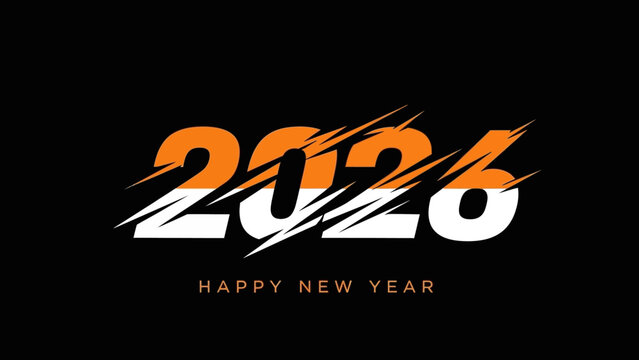 Modern 2026 number design for a Happy New Year greeting card or banner. Sporty slashed text effect on a dark background
