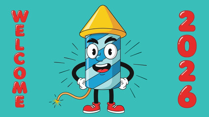 A cheerful cartoon firework rocket mascot with a big smile and a lit fuse welcoming the new year celebration of 2026