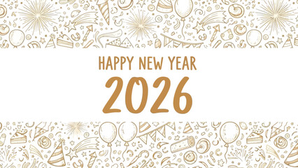 Festive Happy New Year 2026 greeting card banner with hand-drawn doodle party icons and celebration elements