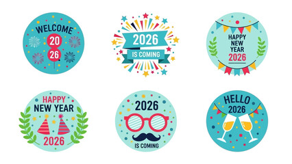 Obraz premium A festive collection of colorful New Year 2026 celebration badges and labels. Flat design vector sticker set for greetings