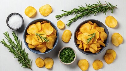 Golden Potato Chips with Rosemary  Salt Gourmet Snack with Delicious, Overhead View, and White Background.