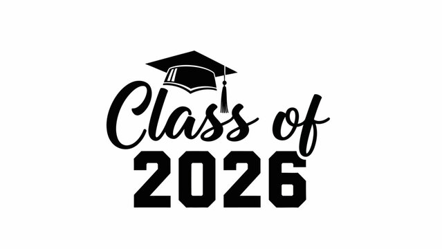 Elegant 'Class of 2026' typography with a mortarboard cap. A black and white graphic for graduation ceremonies and celebrations