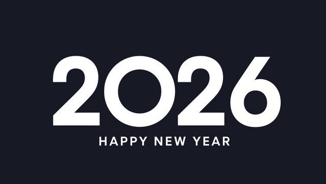 Minimalist Happy New Year 2026 greeting design with bold white typography on a dark background for celebration banners