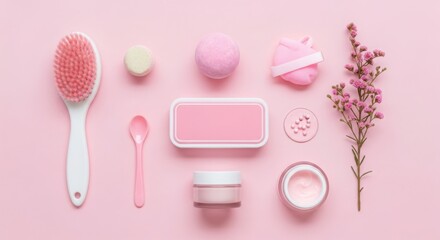 Elegant pink skincare and beauty products arranged artistically