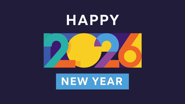 Colorful and modern geometric design for the 2026 New Year celebration greeting card on a dark blue background