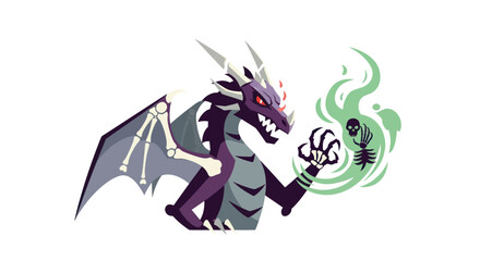 Dark purple dragon with bone wings, casts a green spell with skull and skeleton
