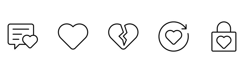 Heart, love, care, help, charity, and donation outline icons are set isolated on a white background in a flat vector illustration.