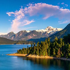 Scenic mountain lake vista at dawn