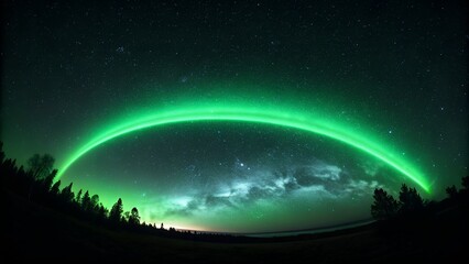 Green aurora borealis arc over forest – Night Sky, Atmospheric, Nature, Celestial, Landscape, Background
