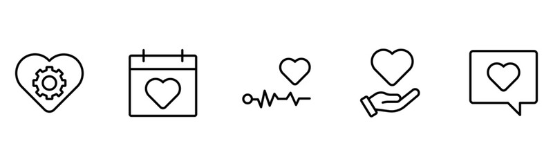 Heart, love, care, help, charity, and donation outline icons are set isolated on a white background in a flat vector illustration.