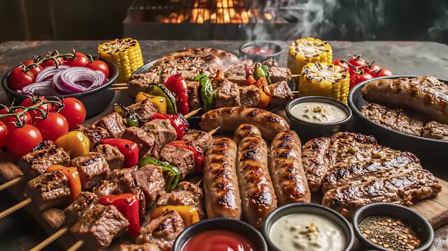 Succulent steak and colorful vegetables sizzling on a rustic table, capturing the hearty concept of American comfort food perfect for cooking show backgrounds or restaurant advertisements.