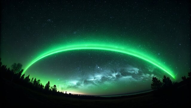 Green aurora borealis arc over forest – Night Sky, Atmospheric, Nature, Celestial, Landscape, Background - Powered by Adobe
