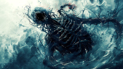 3D rendering of abstract horror with black skeleton and digital high-tech concept