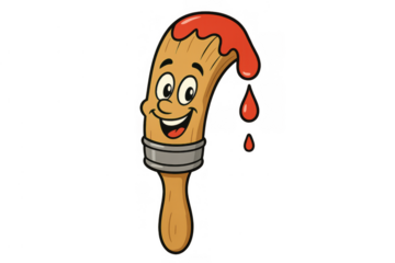 Paintbrush cartoon character smiling, with dripping red paint, symbolizing creativity and artistic expression