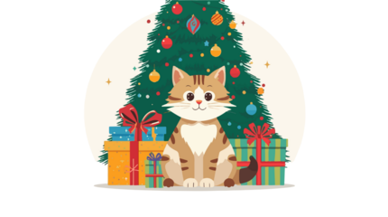 illustration of a Christmas background featuring a cute cat sitting in front of a decorated tree with colorful ornaments and shiny lights, surrounded with png Transparent 