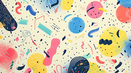 Abstract hand-drawn background with geometric shapes and confetti on beige