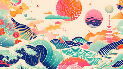 Seamless pattern with Japanese paper appliqu&eacute; and watercolor elements