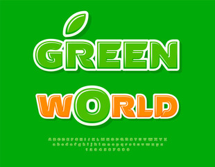 Vector Environmental banner Green World. Creative bright Font. Modern Alphabet Letters and Numbers set