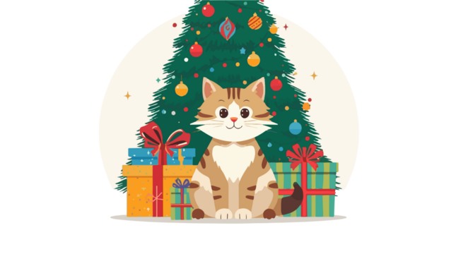 illustration of a Christmas background featuring a cute cat sitting in front of a decorated tree with colorful ornaments and shiny lights, surrounded with png Transparent - Powered by Adobe