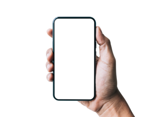 Person's hand holds a sleek smartphone with empty white display isolated on transparent background