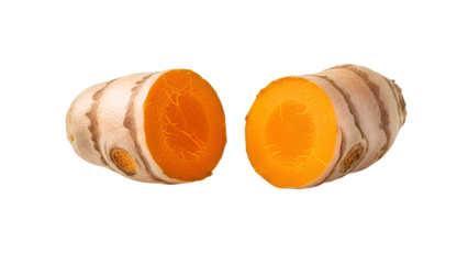 Halved Turmeric Root PNG. Two pieces of fresh raw curcuma rhizome showing bright orange core. Organic herbal spice for cooking and medicine. Natural healthy anti-inflammatory ingredient isolated set
