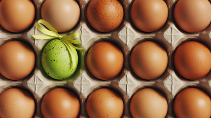 Festive Easter eggs in a carton with one beautifully decorated green egg tied with a ribbon, springtime celebration, family tradition, holiday cheer
